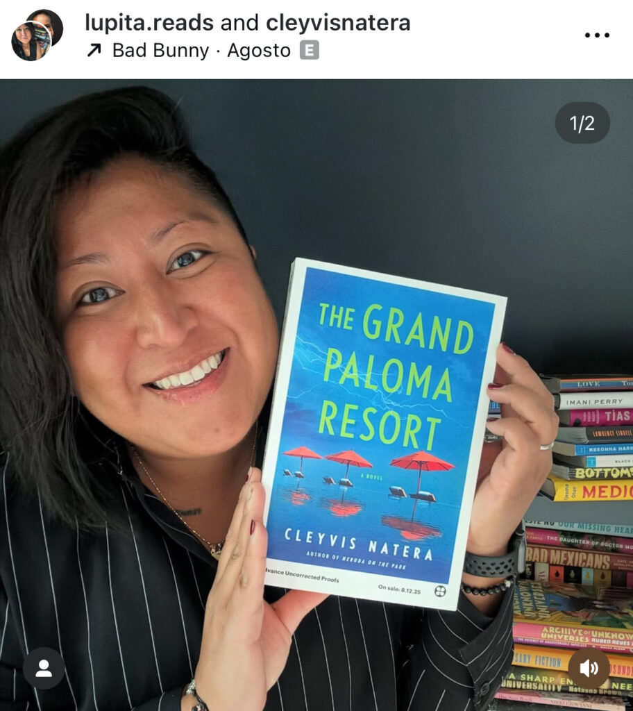Screenshot from @lupita.reads bookstagram account of her holding The Grant Paloma Resort by Cleyvis Natera
