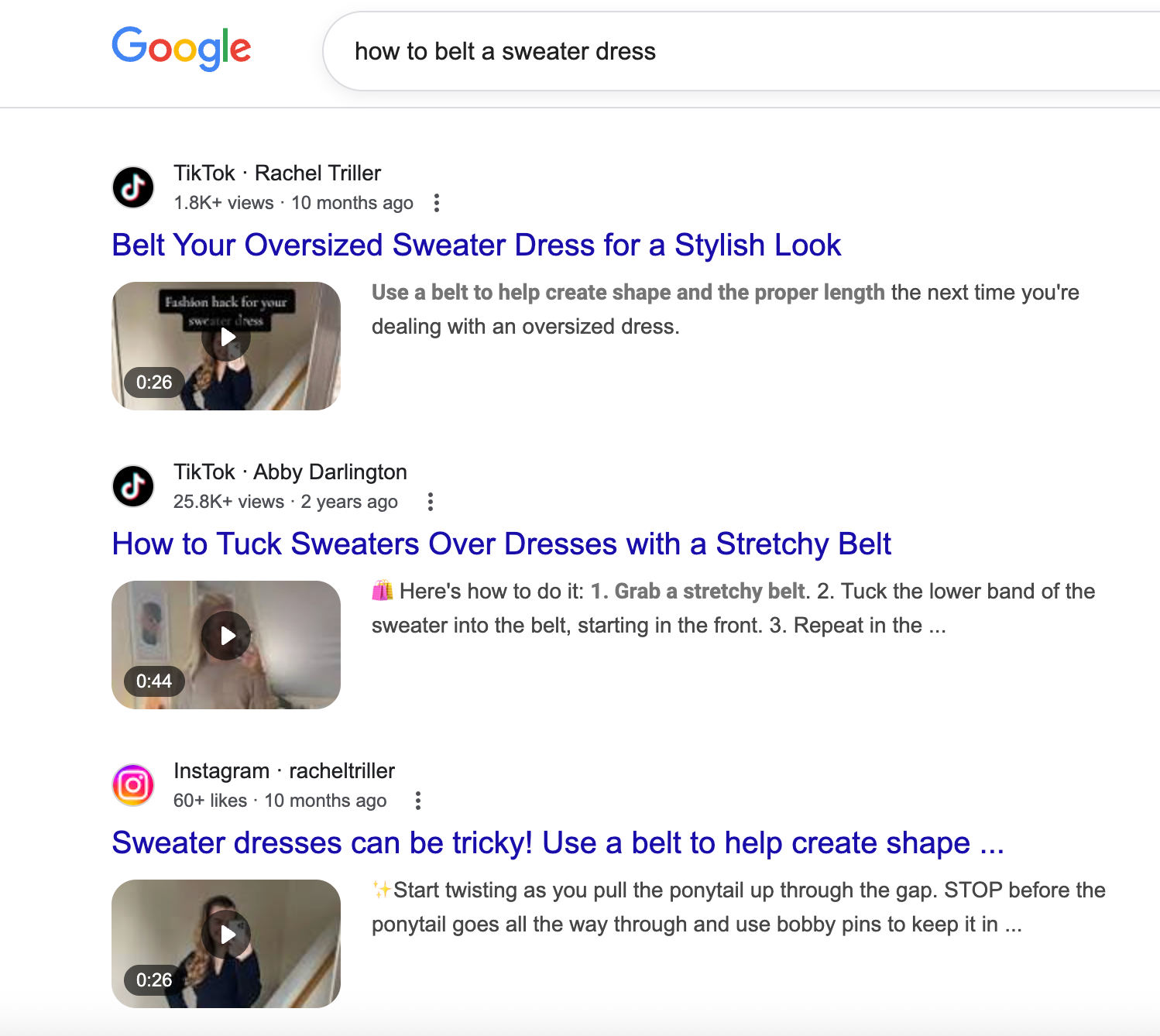 Screenshot of a Google search result for 'how to belt a sweater dress' showing Instagram and TikTok videos as the top results.